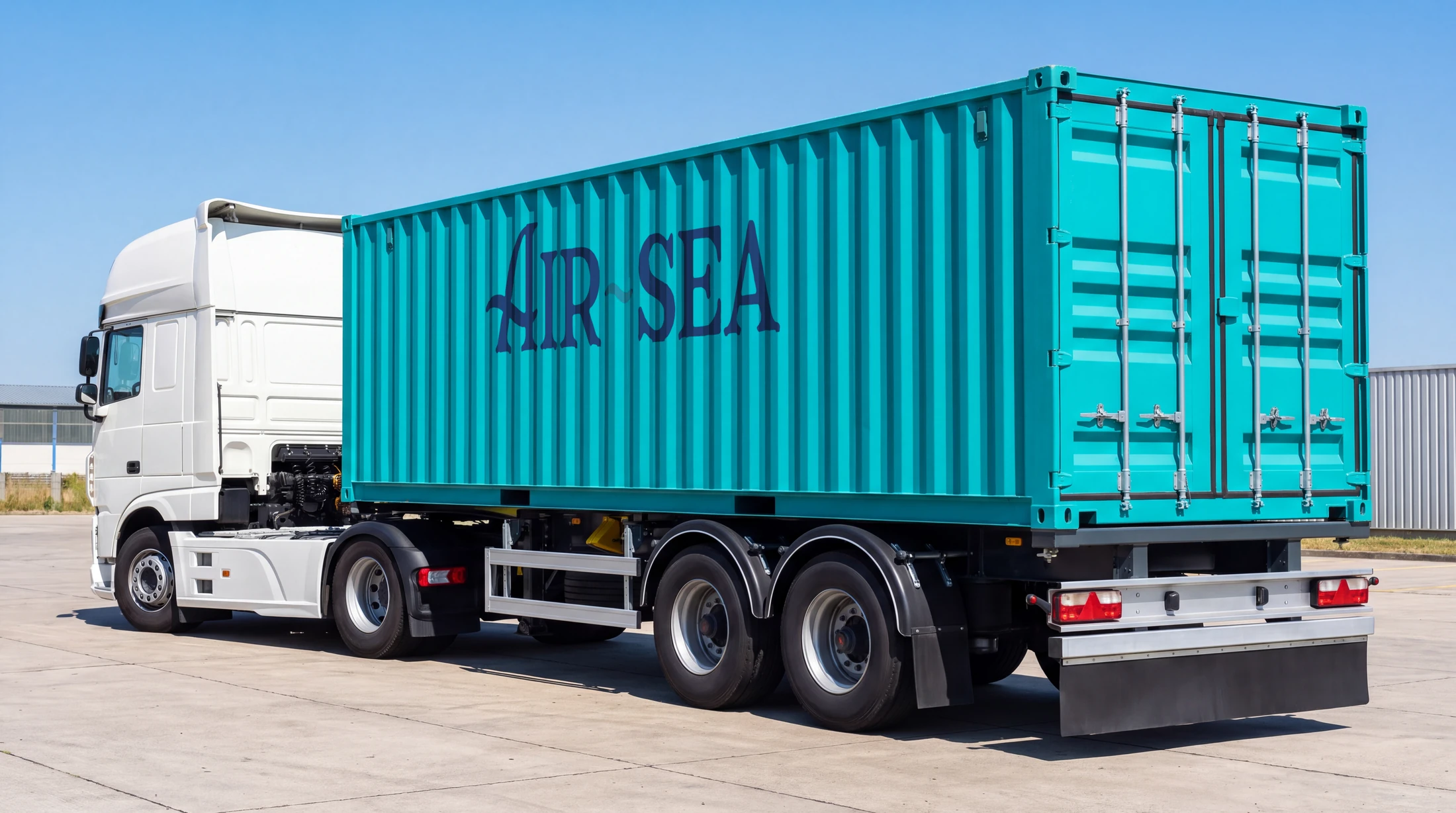 Truck with a teal container arriving at a bright warehouse