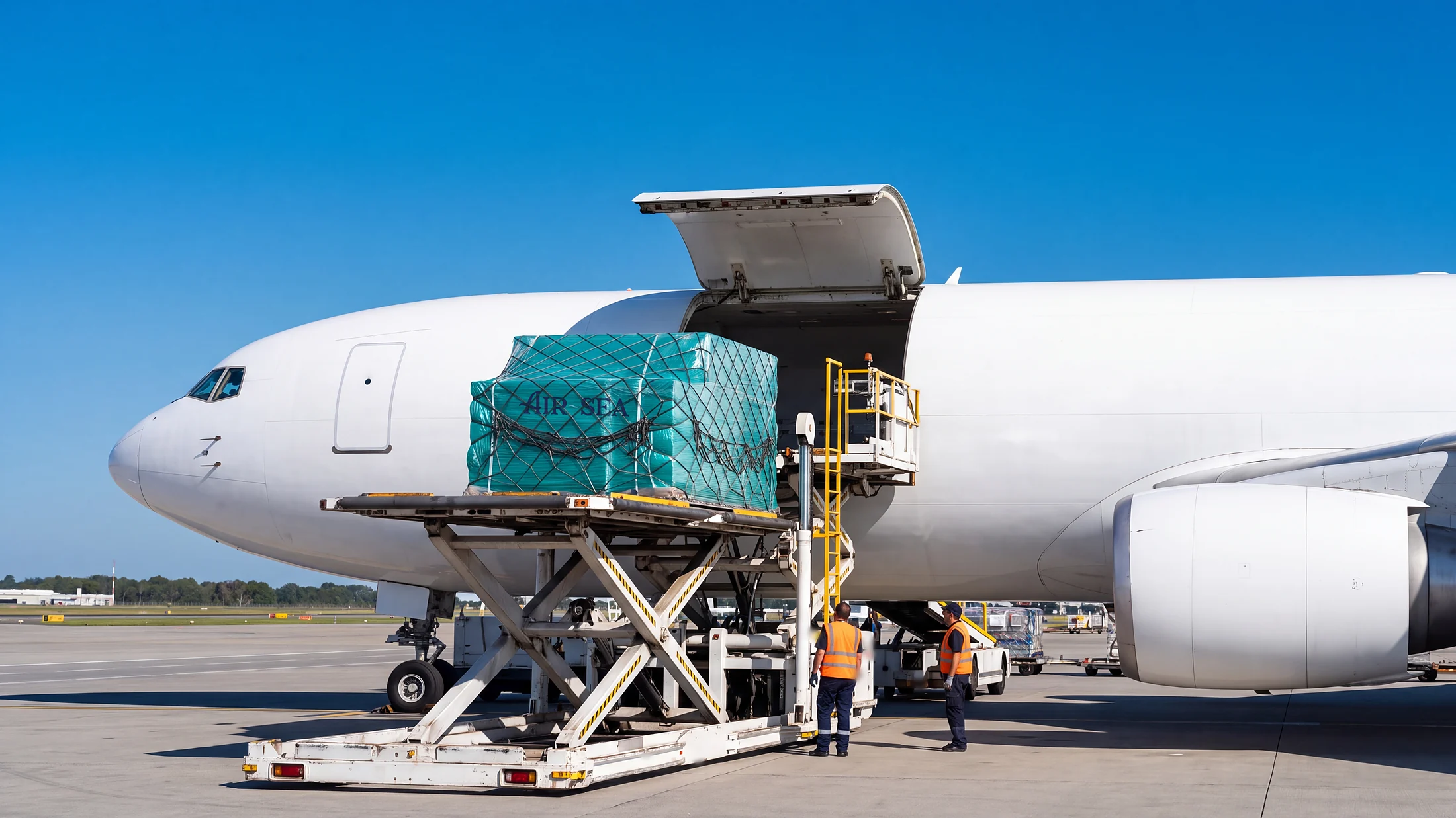 Modern cargo aircraft being loaded on a sunny apron