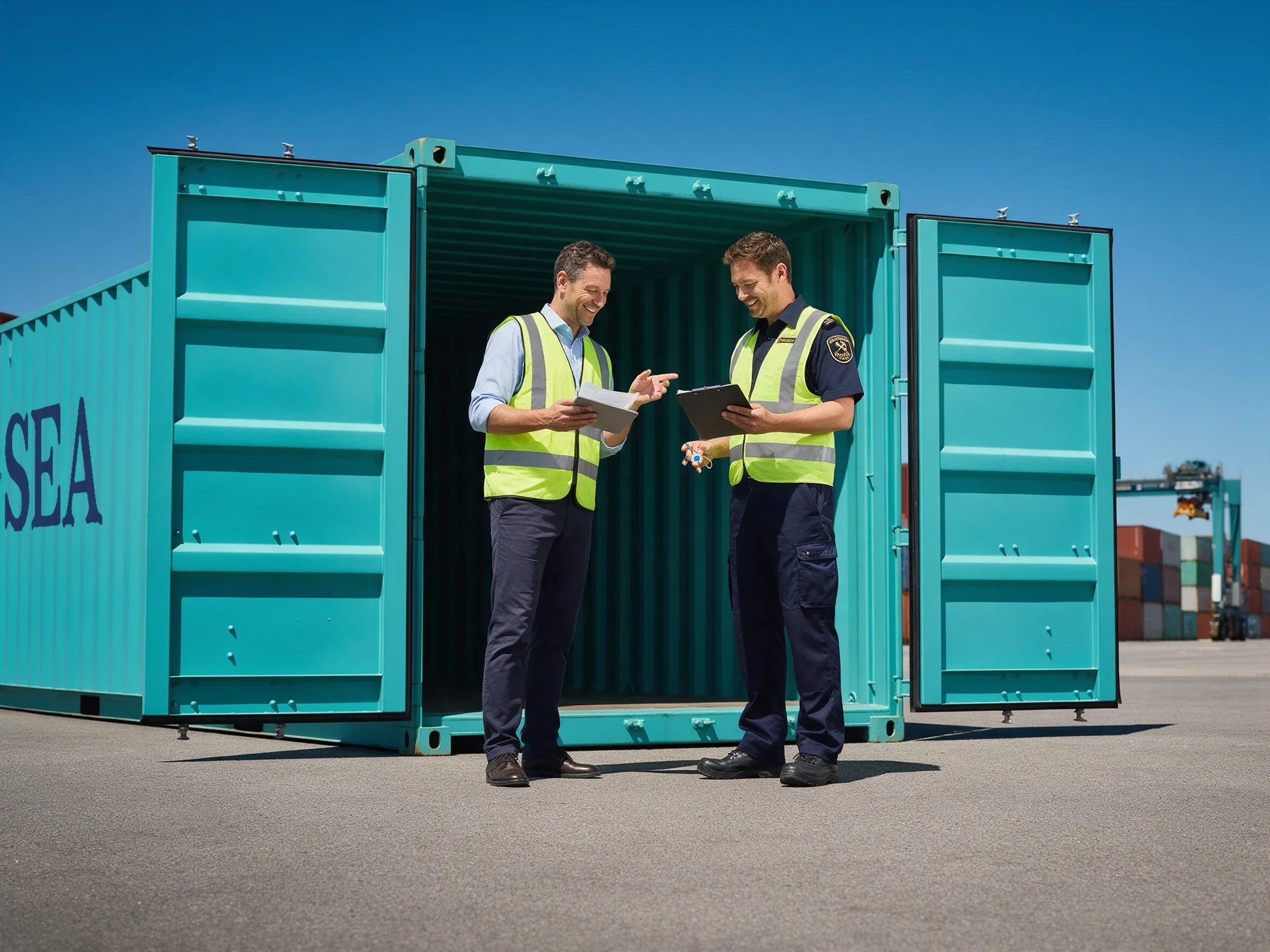 Customs officer and forwarder checking documents at an open container