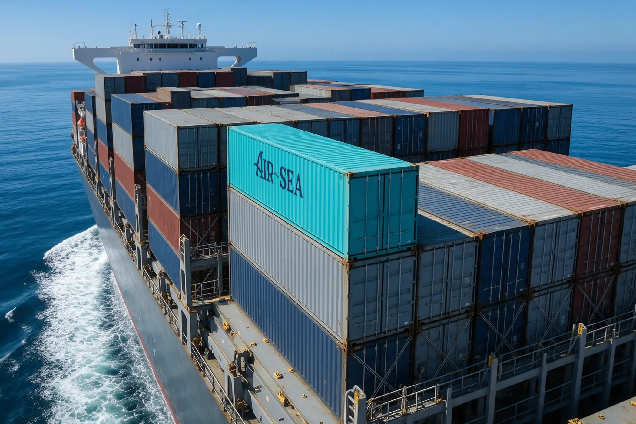 Container vessel with colorful containers on a sunny sea