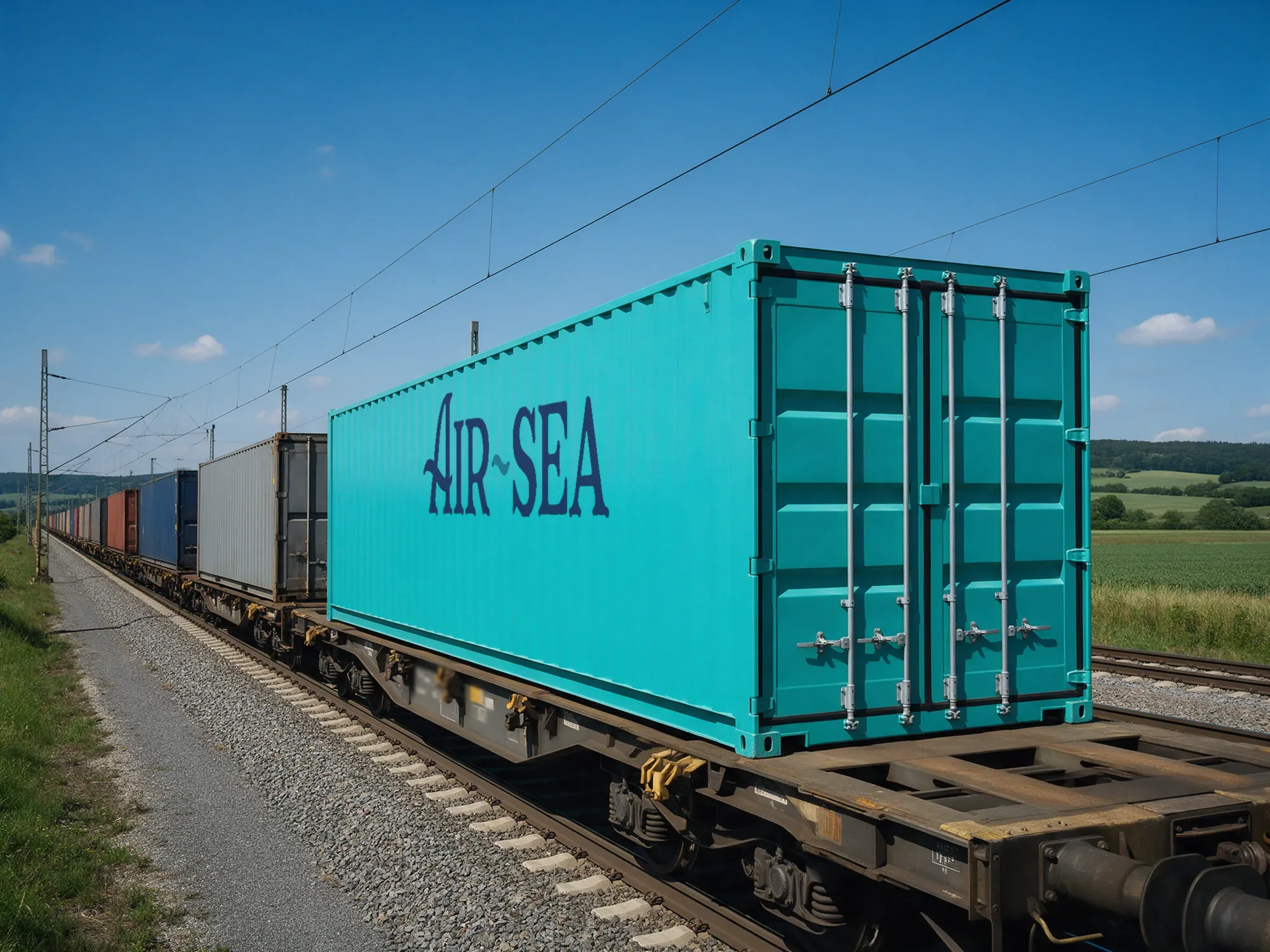 Container freight train crossing a sunlit valley
